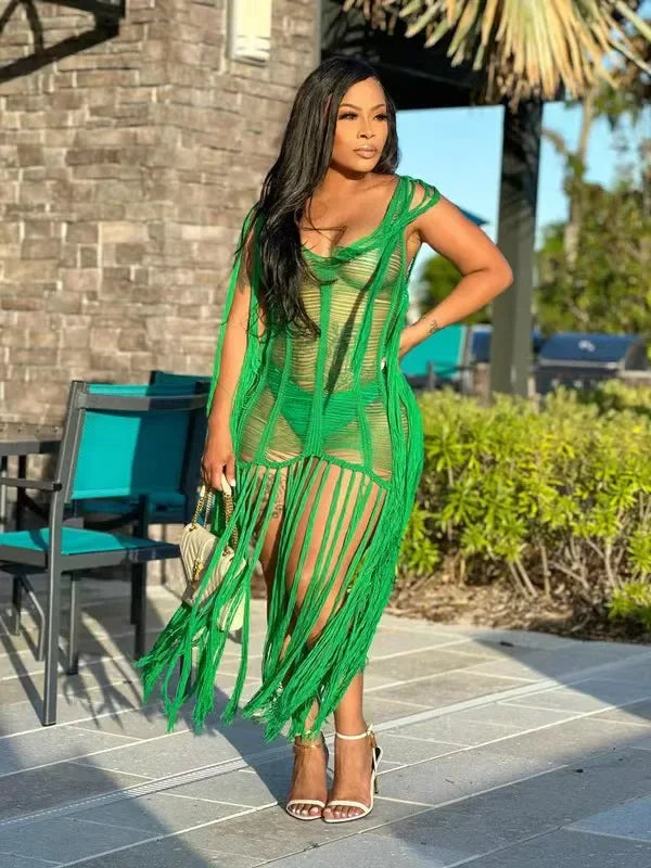 Crochet Knitted Ribbed Hollow-Out Tassel Fringe Hem Sleeveless Beach Maxi Swimsuit Cover-Up Dress