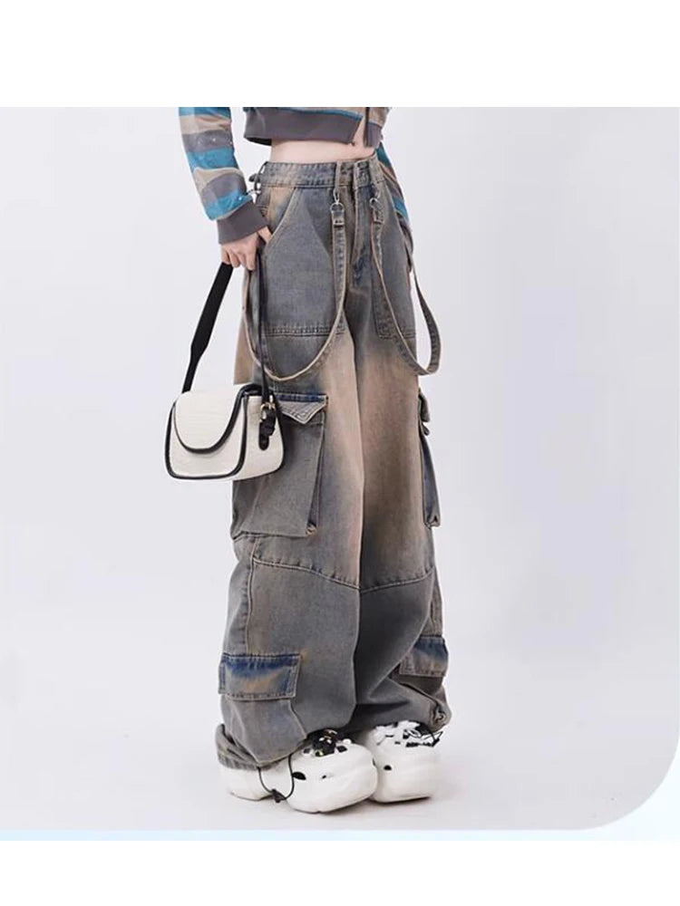 Distressed Washed Oversized Vintage Baggy Y2k Denim Wide Leg Women's Cargo Jeans