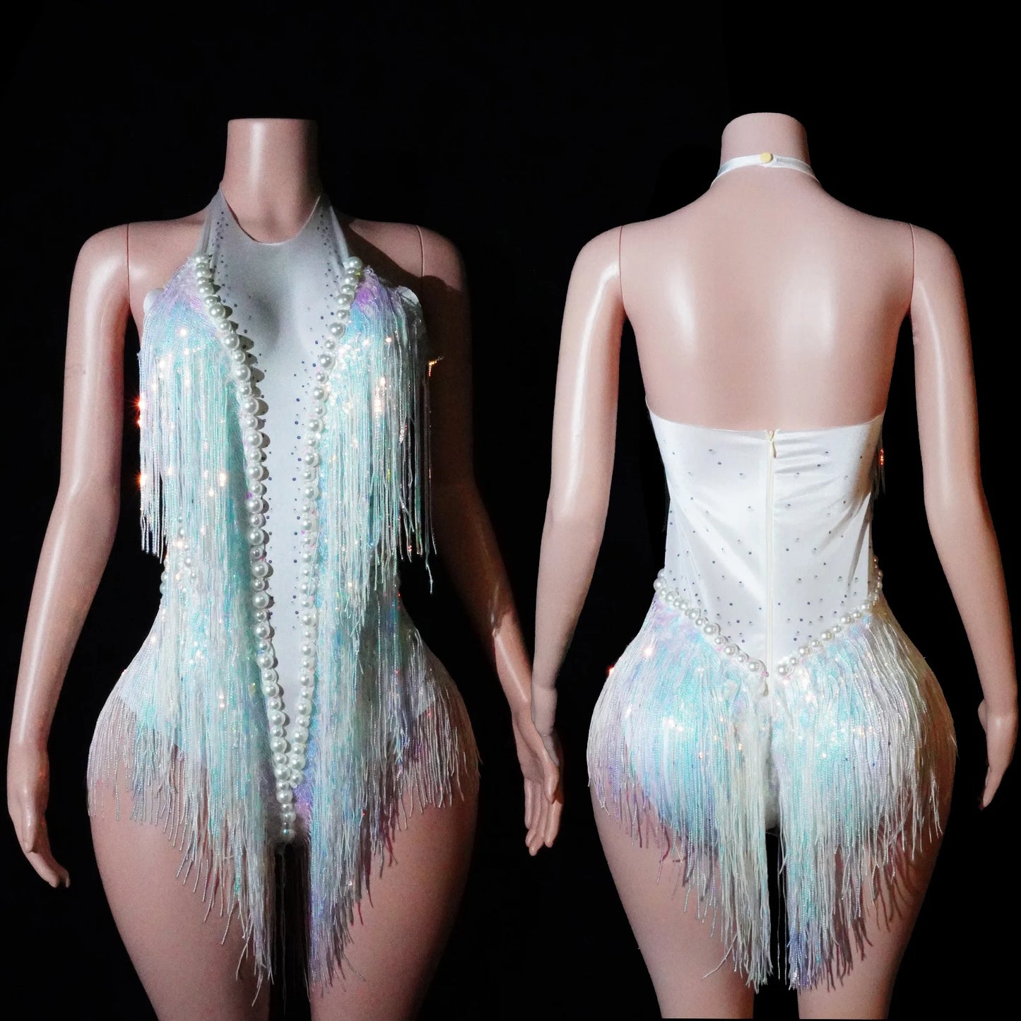 Tassel Fringe Design Sleeveless Zipper Back Sparkling Rhinestone Women's Formal Stage Dance Bodysuit