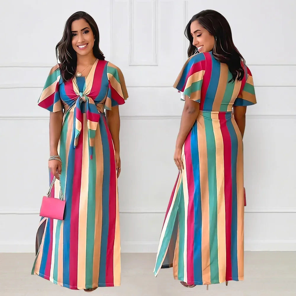 Rainbow Striped Hollow-Out Short Butterfly Sleeve Lace-Up Maxi Dress