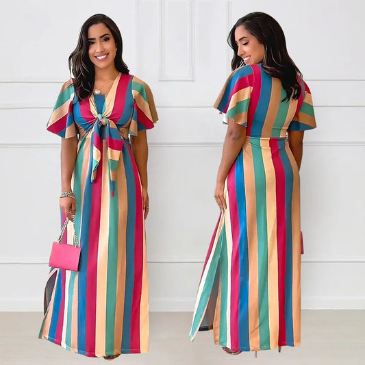 Rainbow Striped Hollow-Out Short Butterfly Sleeve Lace-Up Maxi Dress