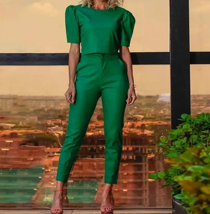 Short Puff Sleeve Women's Solid Color O-Neck Top + Pencil Pants 2-Piece Set
