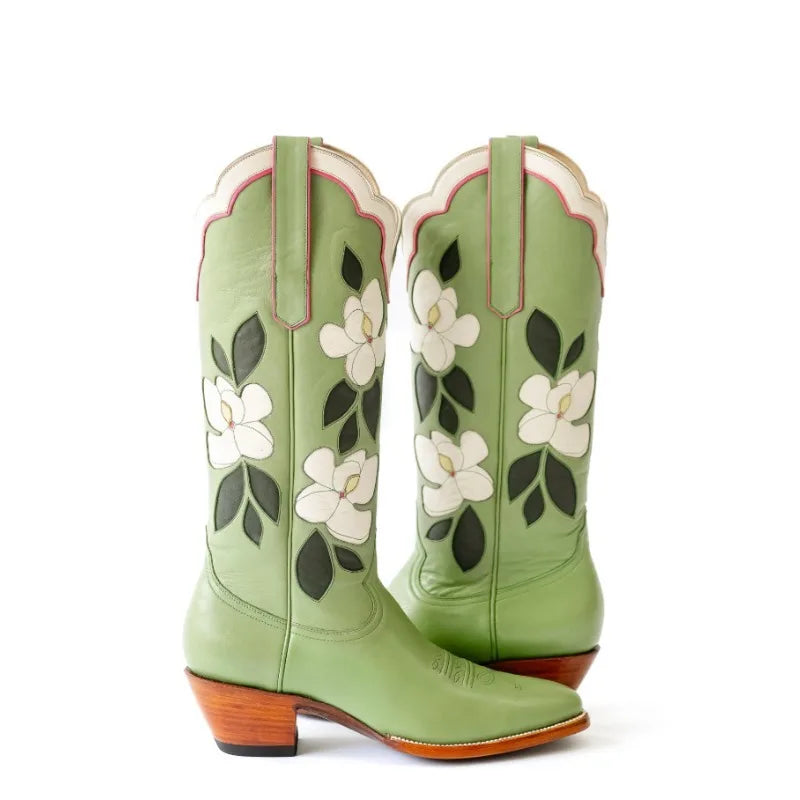 Western Flower Embroidered Pointed Toe PU Leather Midi Cowgirl Boots
