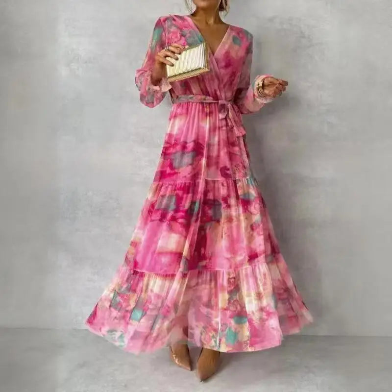 Ruffled Floral Print Puff Long Sleeve Turn-Down Collar Maxi Dress