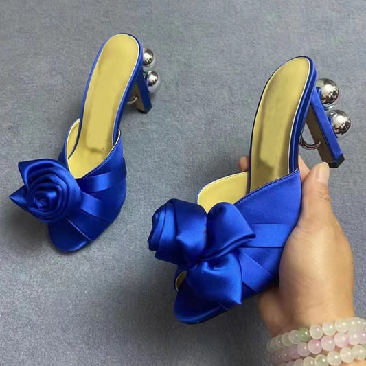 Satin Flower Bow Gladiator Open Toe Mule Sandals