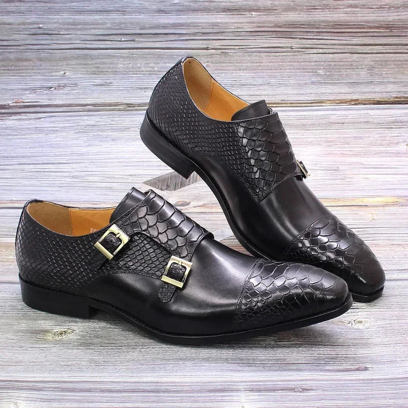 Men's Italian Leather Buckle Strap Design Pointed Toe Oxford Loafer Dress Shoes