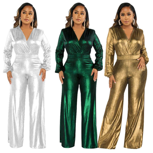 Metallic Shiny Long Sleeve V-Neck Jumpsuit