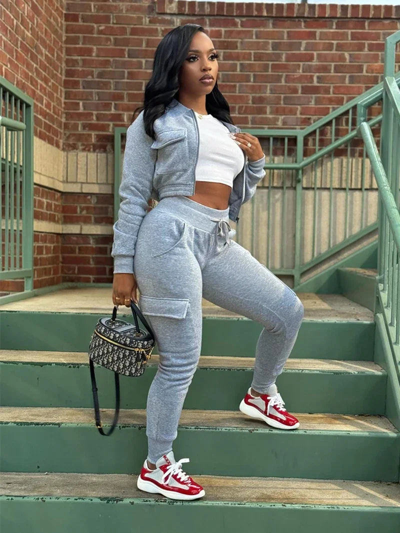 Streetwear Women's Solid Cropped Zipper Jacket + Drawstring Cargo Sweatpants Tracksuit