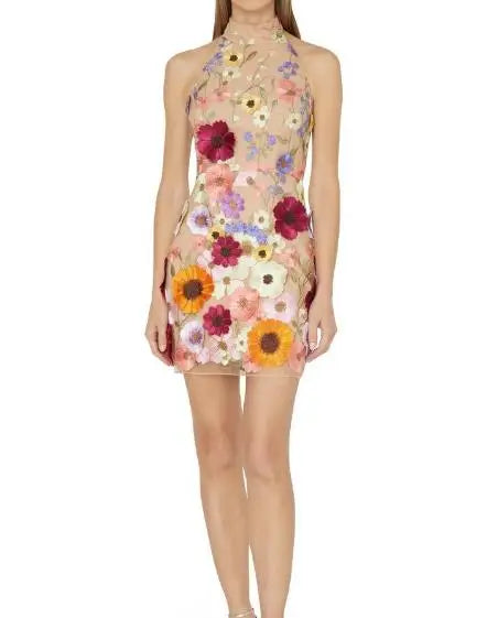 1/2 Turtleneck 3D Flower Print A-Line Long Sleeve Formal Mini Party Dress