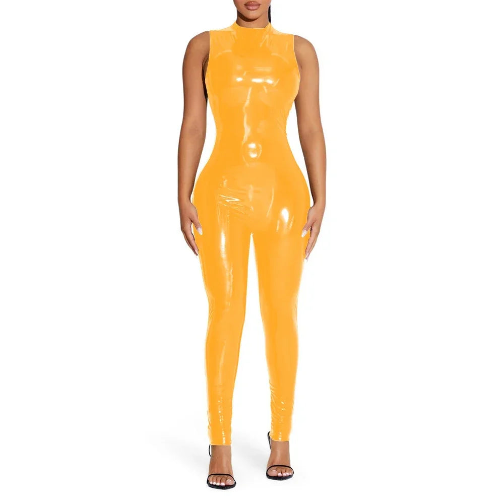 Shiny Solid Color Sleeveless PVC PU Leather Women's Pants Jumpsuit