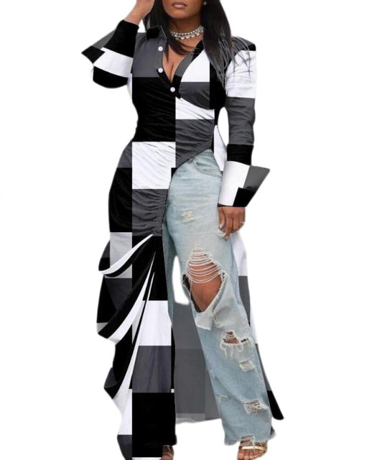 Geometric Colorblock/Faux Denim/Solid Color Ruched Ruffled V-Neck High Slit Maxi Blouse