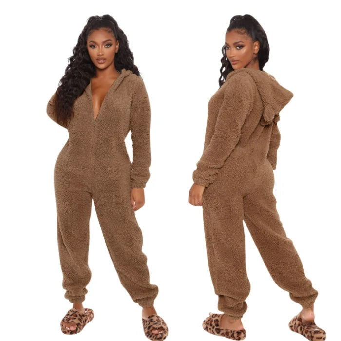 Faux Fur Fleece Women's Onesie Zipper Hoodie Teddy Jumpsuit
