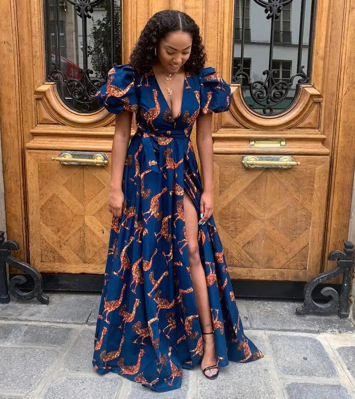 African Dashiki Print Off-the-Shoulder Short Sleeve V-Neck Backless High Slit Maxi Dress