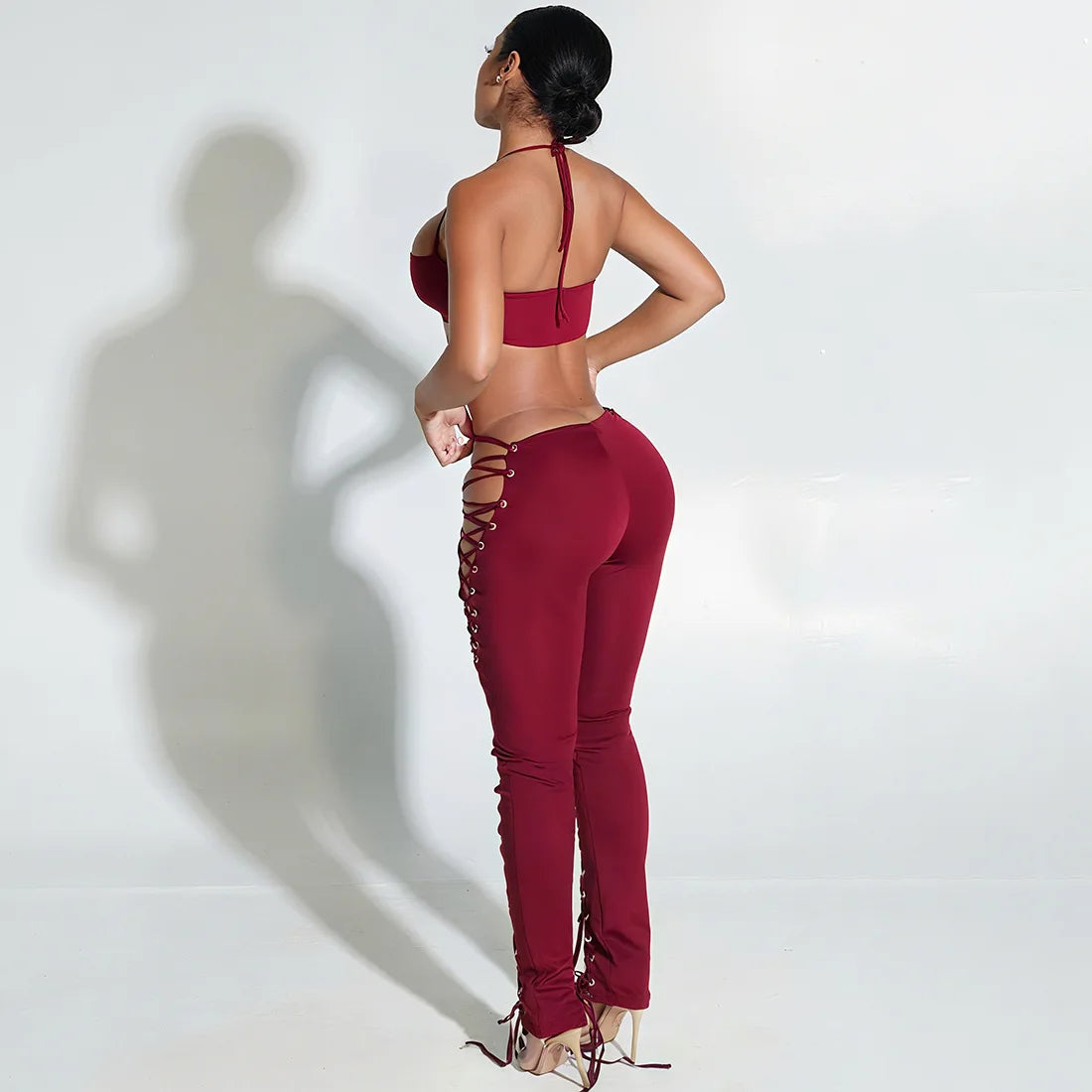 Sexy Women's Sleeveless Crop Tank Top + Criss-Cross Lace-Up Hollow-Out Bandage Leggings 2-Piece Set