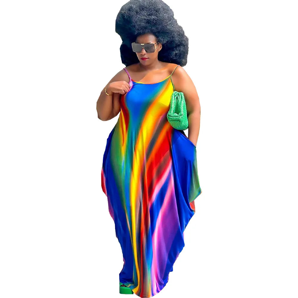 Rainbow Striped Colorblock Ruched Ruffled Sleeveless Print Harem Maxi Dress to 5X Plus Size