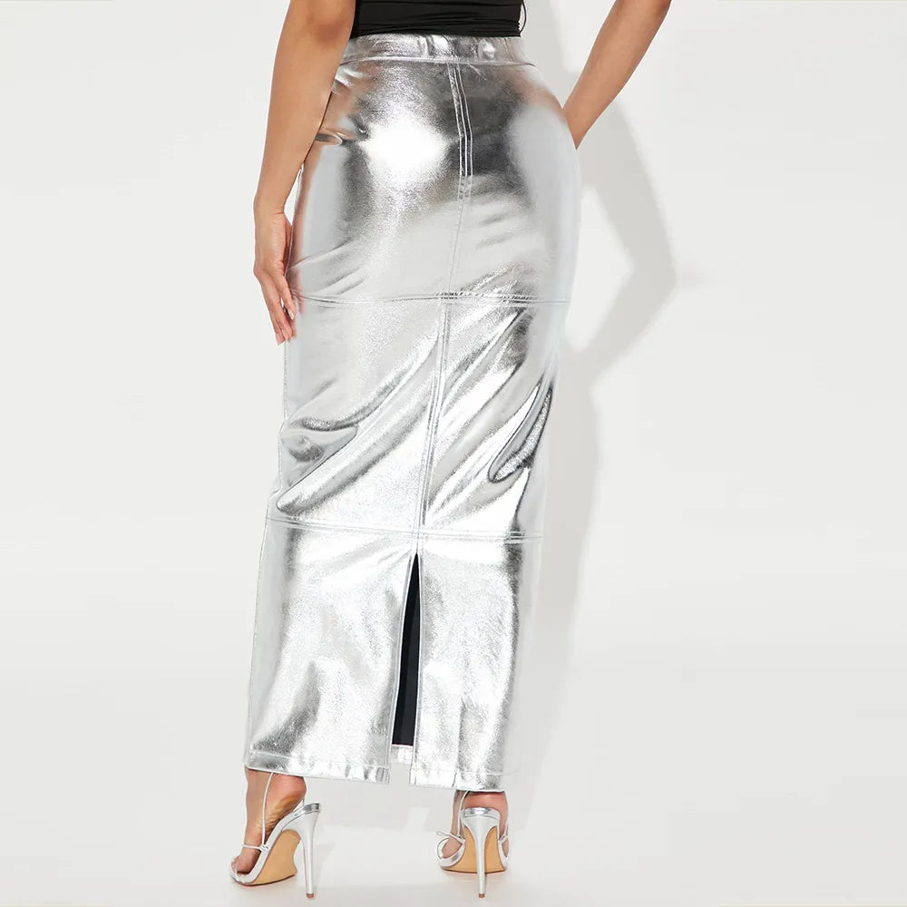 Metallic Faux Leather Solid Color Shiny Skinny Maxi Skirt