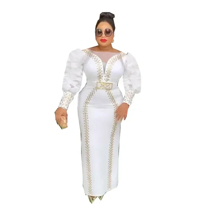 Rhinestone Sheer Belted Puff Balloon Sleeve Formal Wedding Evening Bodycon Formal Maxi Dress