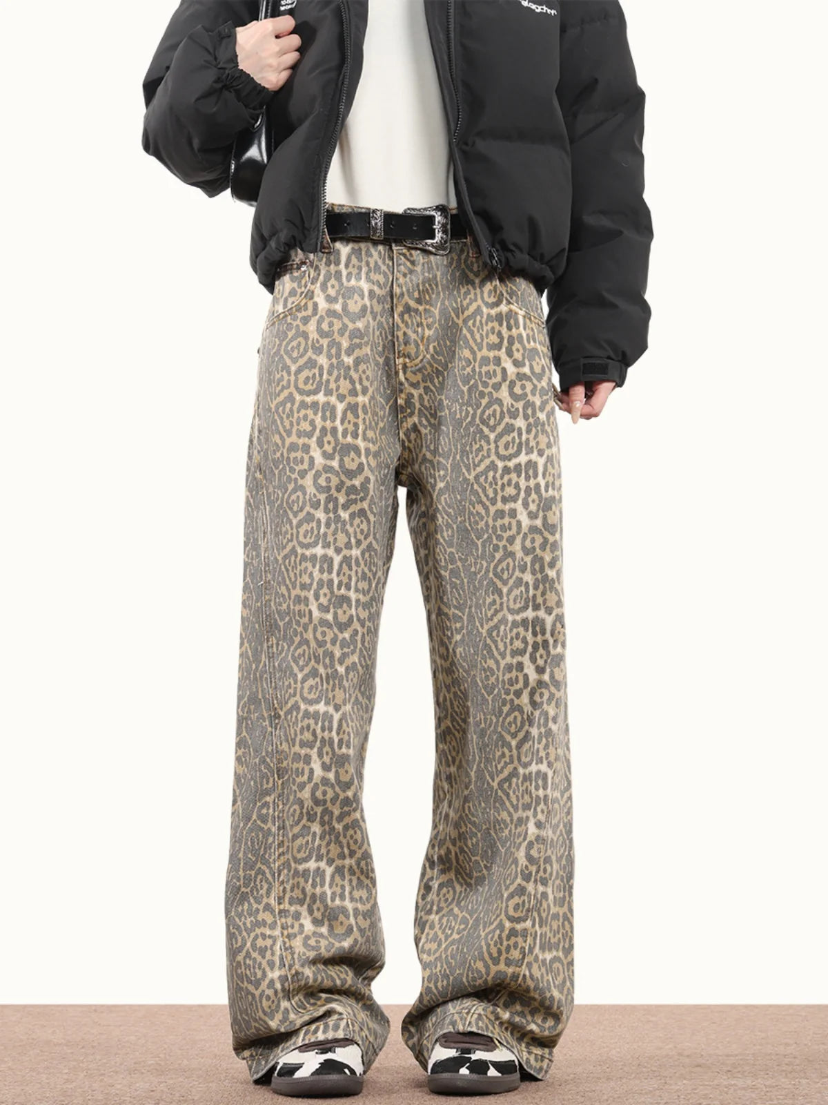 Leopard Washed Women's Retro Loose High Waist Straight Leg Jeans