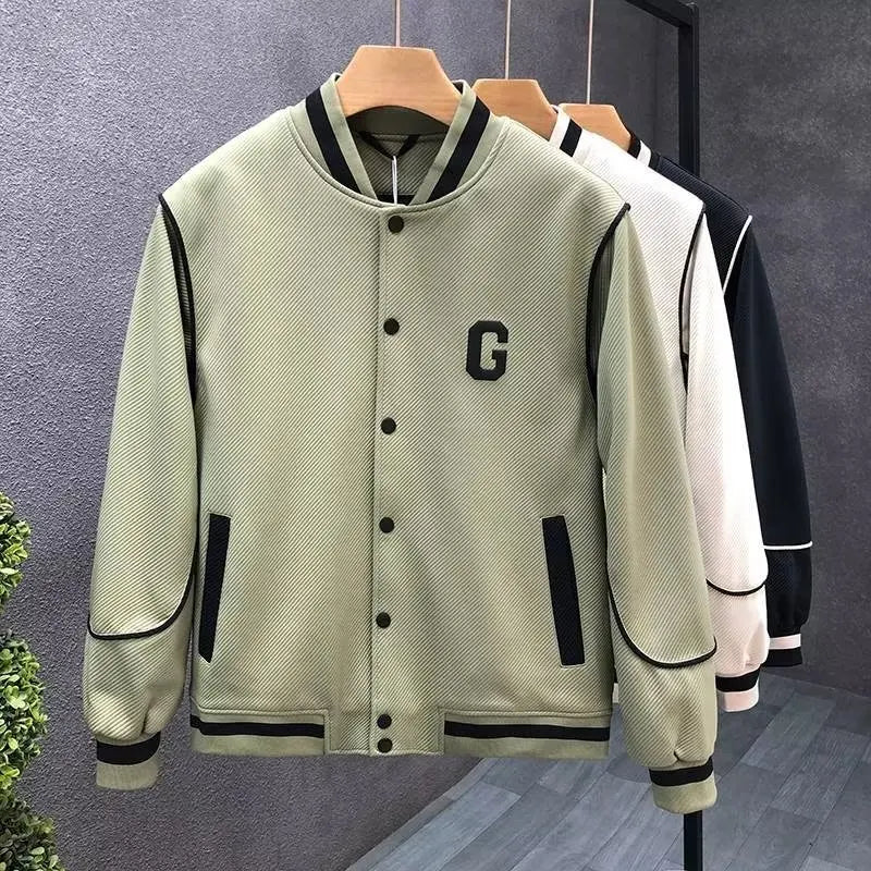 Men's "B" Letter Print Colorblock Side Striped Button-Up Stand Collar Baseball Bomber Jacket
