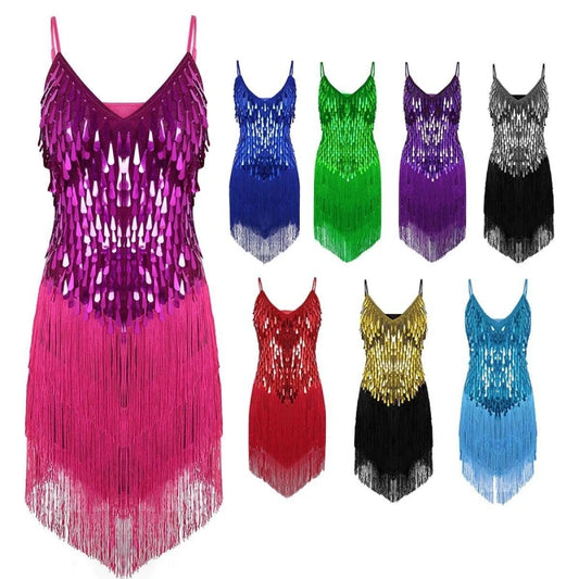 Sparkling Sequined Tassel Fringe Detail Salsa Samba Rumba Tango Latin Dance Flapper Dress