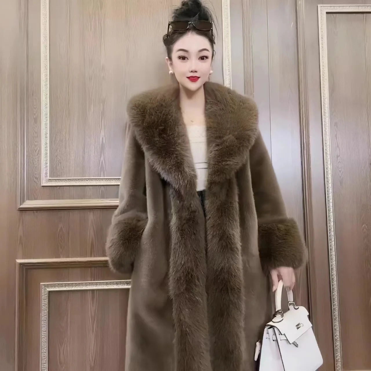 Faux Fur Teddy Oversized Collar Women's Thick Solid Color Trenchcoat