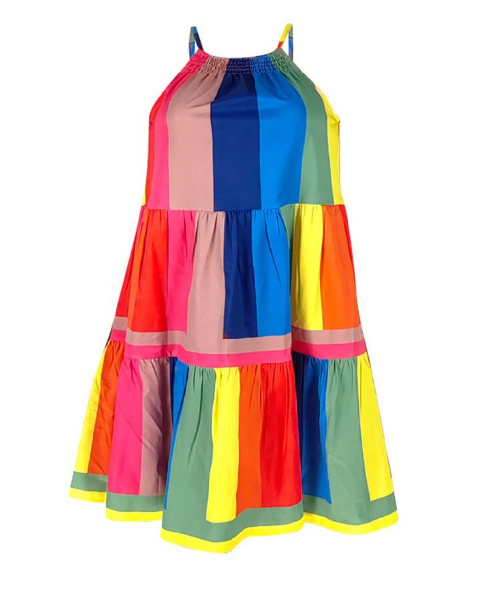 Rainbow Colorblock Grid Design Loose Fit Spaghetti Strap Mini Dress