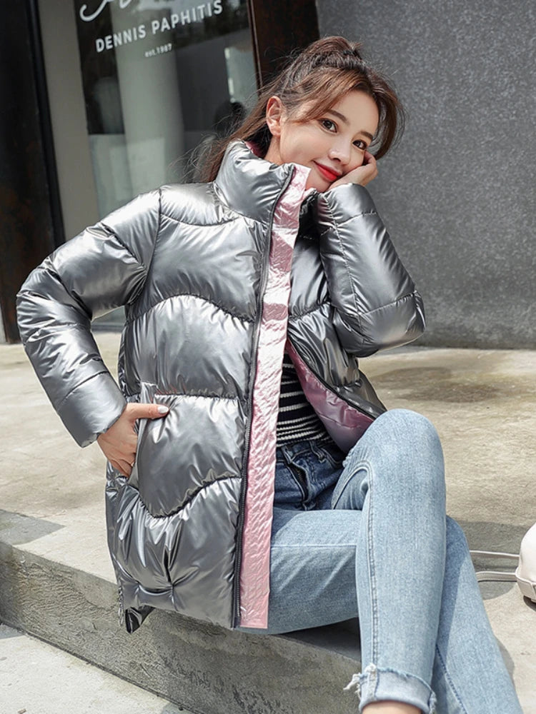 Metallic Padded Thick Stand Collar Oversized Cotton Ladies Coat