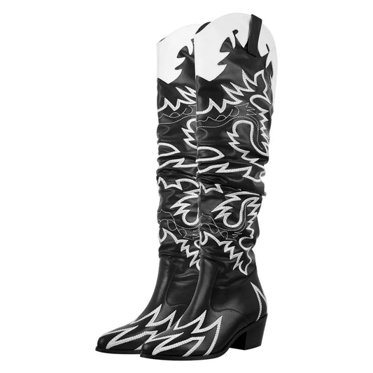 Western Wide Calf Knee-High Embroidered Women's Pointed Toe Block Heel Slip-On Cowgirl Boots