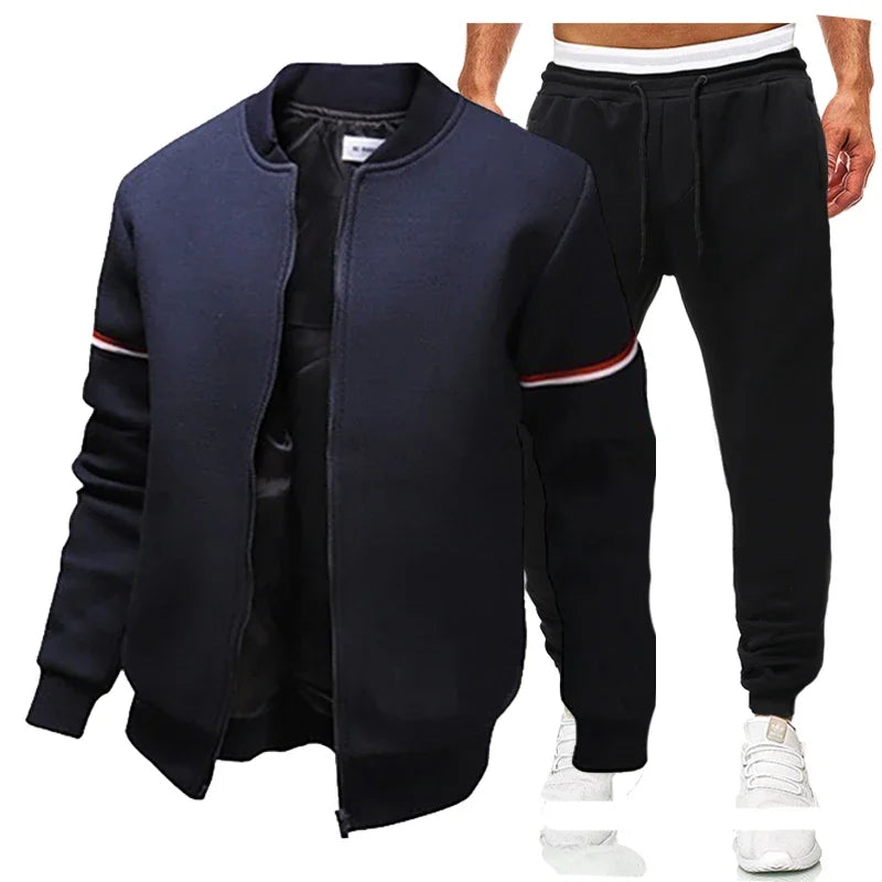 Men's Solid Color Side Striped Mandarin Collar Bomber Jacket + Sweatpants Tracksuit