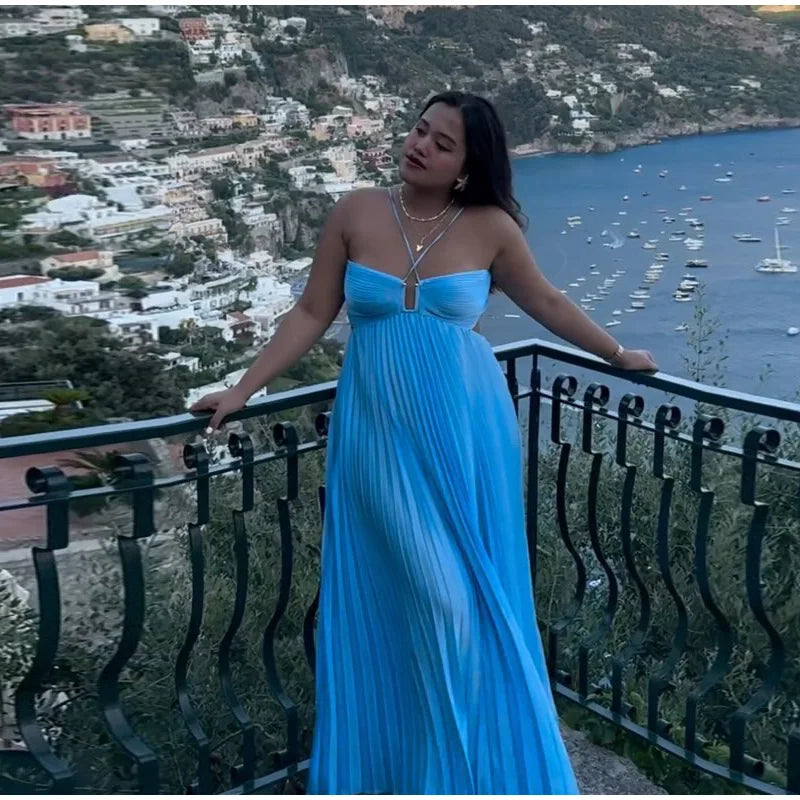 Pleated Halter Spaghetti Strap Backless Sleeveless Beach Maxi Dress