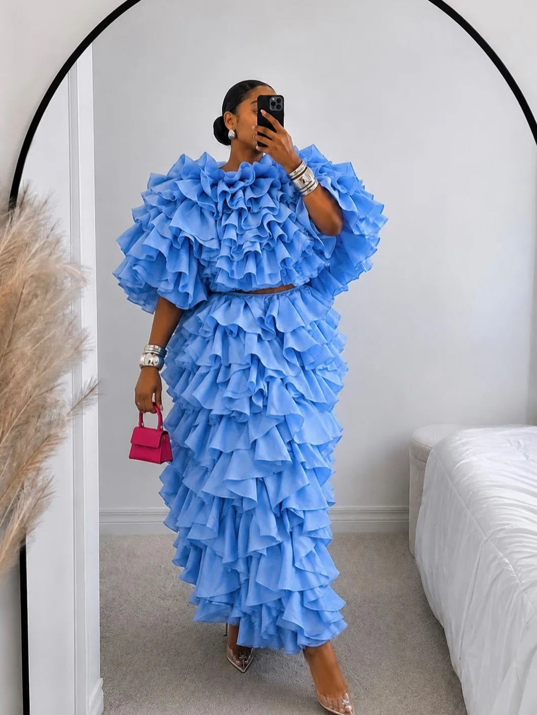 Blue Ruffled Oversized Puff Sleeve Women's Crop Top + Tiered Maxi Skirt Formal 2-Piece Set