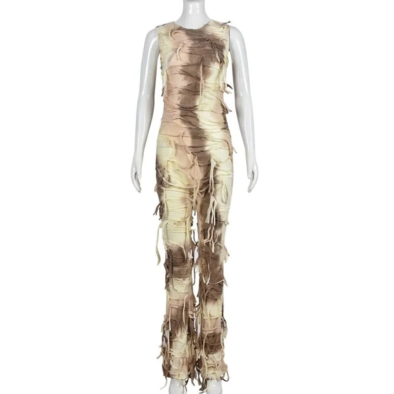 Tassel Design Tie-Dye Fringe Streetwear Bodycon Skinny Sleeveless Knitted Jumpsuit