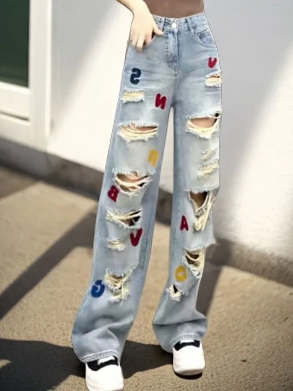 Denim Patch Varsity Style Embroidered Ripped Faded Washed Women's Hip-Hop Streetwear Jeans