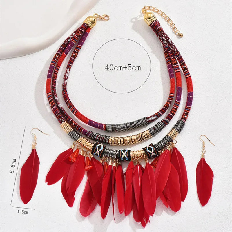 Vintage Native American Feather Choker Multilayer Necklace w/ Hook Earrings 2-Piece Jewelry Sets