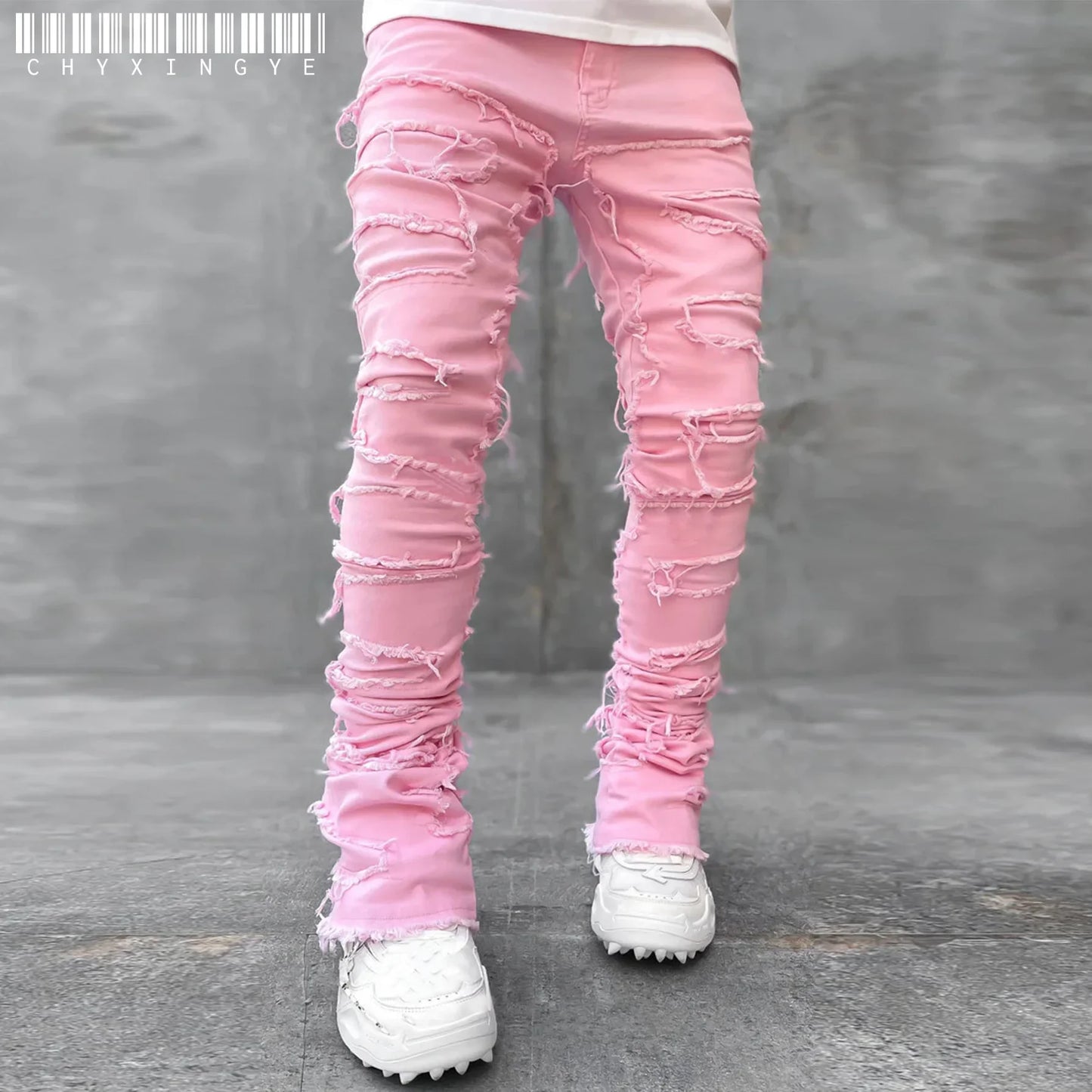 Men's Camouflage/Solid Denim Ripped Stacked Skinny Jeans