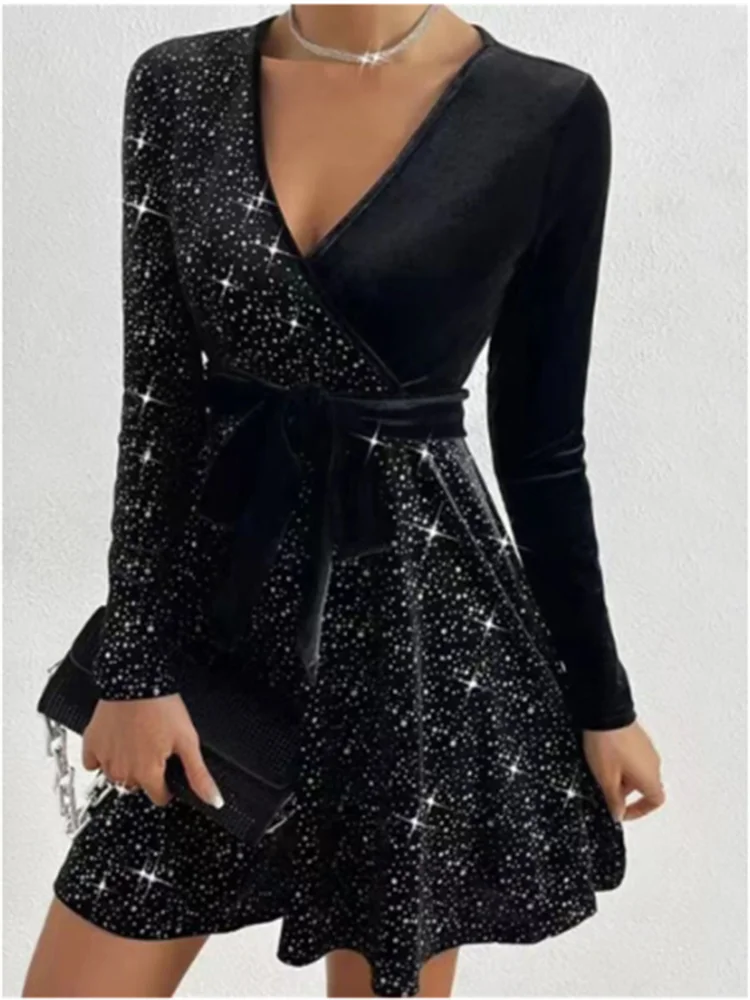 Velvet Sparkling Glitter Sequin Star Design Deep V-Long Sleeve Solid Color Mini Formal Party Dress w/ Sash Belt