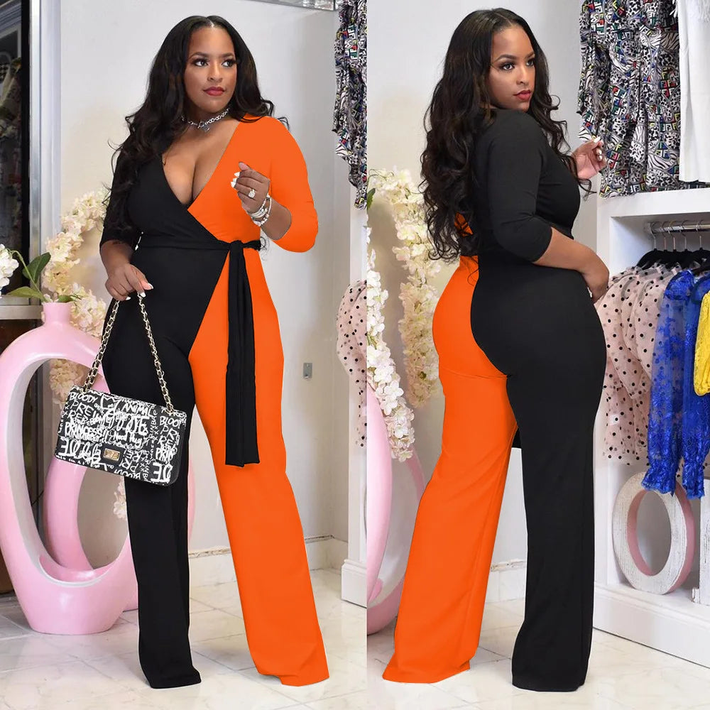 Colorblock Straight Trouser V-Neck Sash Belt Plus Size Jumpsuit to 5X