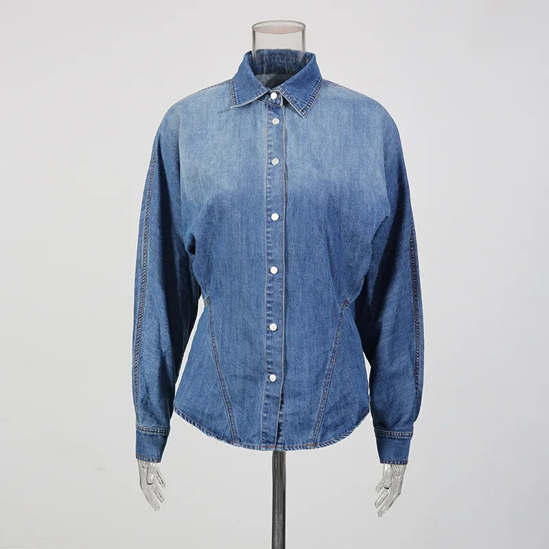Denim Blue Gradient Colorblock Long Sleeve Turn-Down Collar Jean Shirt + Ruffled Tiered Layered Hi-Lo Tutu Jean Skirt Women's 2-Piece Set