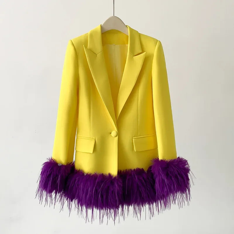 Yellow/Purple Designer Women's Single Button Feather Embellished Notched Collar Pocketed Blazer Jacket