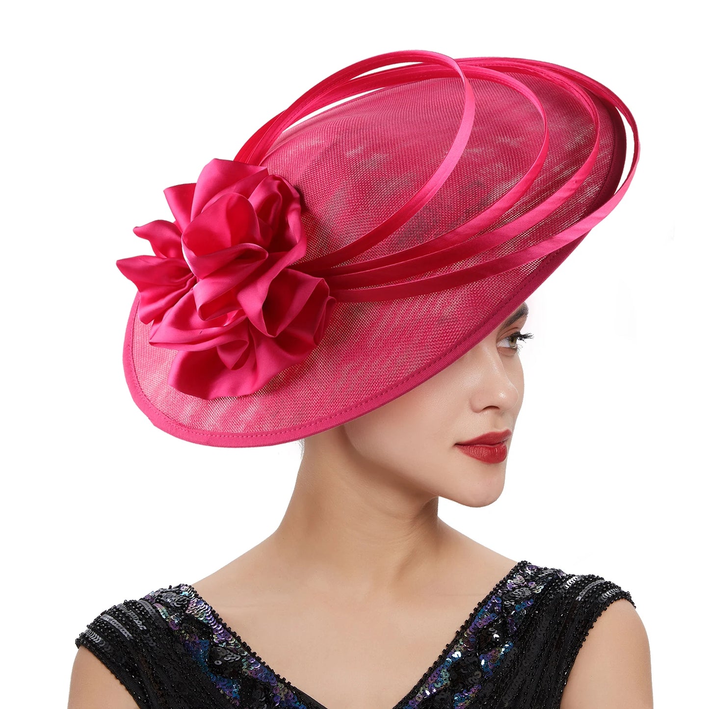 Oversized Slanted Big Floral Bow Detail Church/Kentucky Derby Fedora Hat