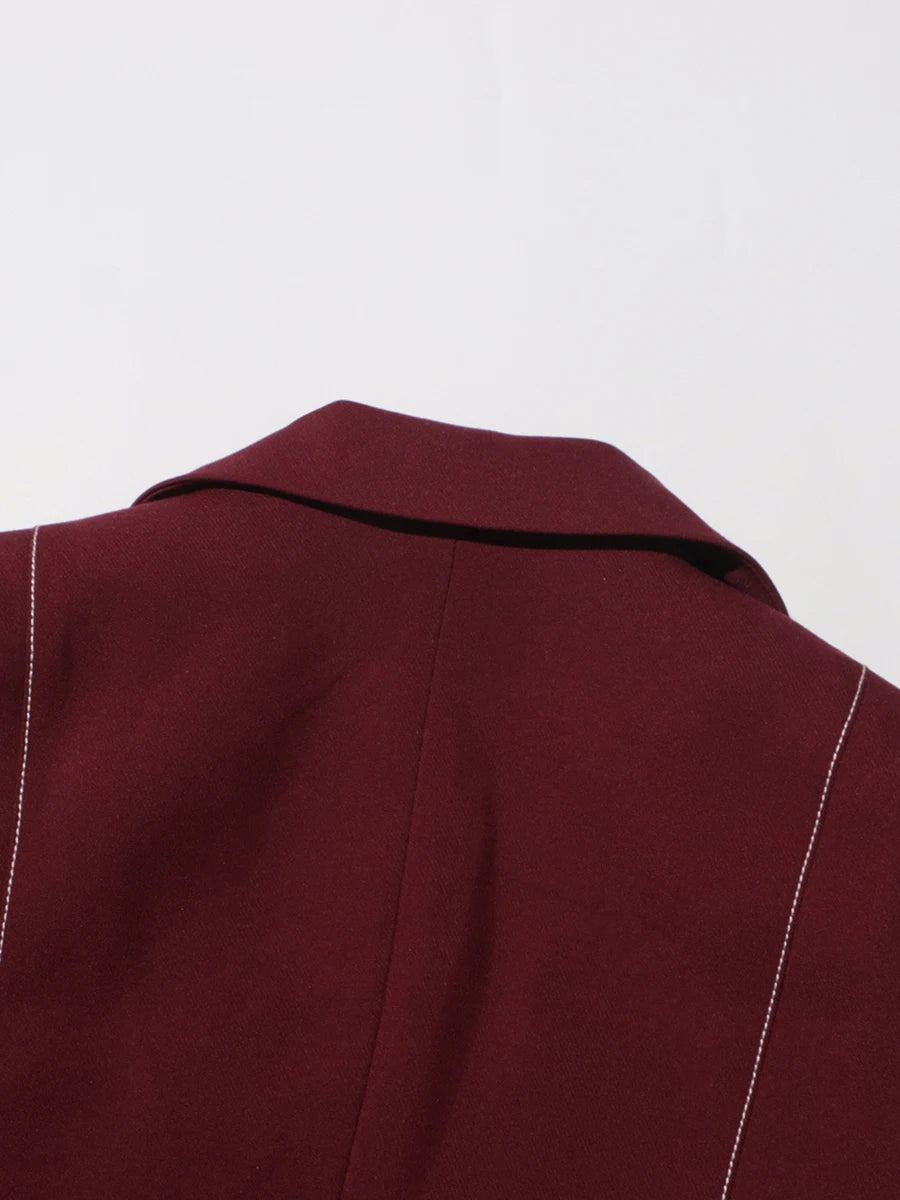 Burgundy Irregular Notched Collar Double Strap Design Blazer Jacket + High Waist Straight Pants Women's Formal Suit