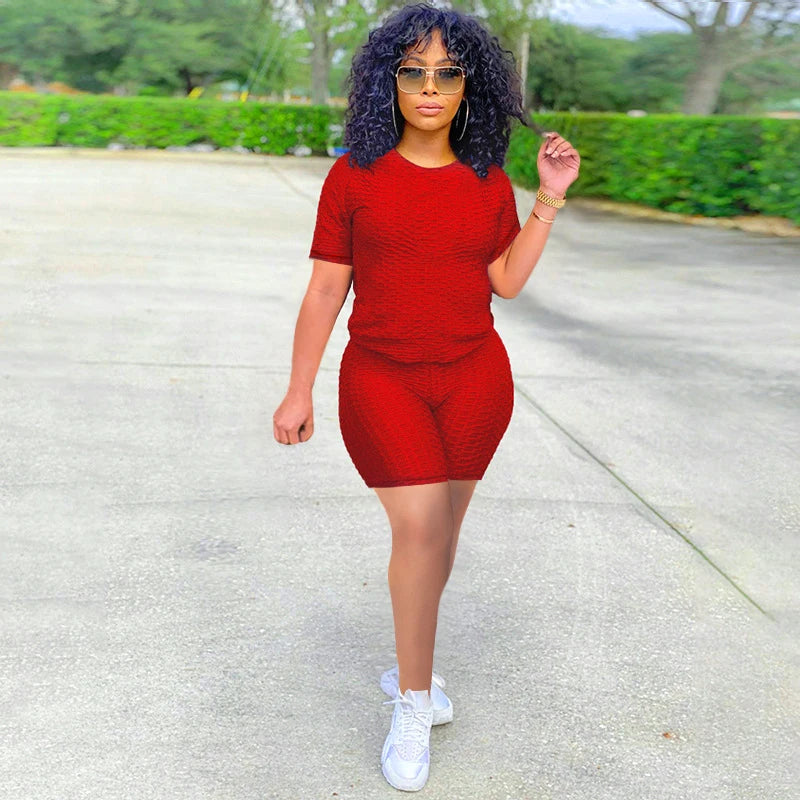 Texturized Sportswear O-Neck Solid Color Short Sleeve Women's T-Shirt + Shorts 2-Piece Fitness Workout Set
