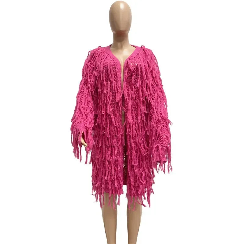 Fringe Tassel Solid Crochet Knitted Open Stitch Loose Ladies Maxi Sweater