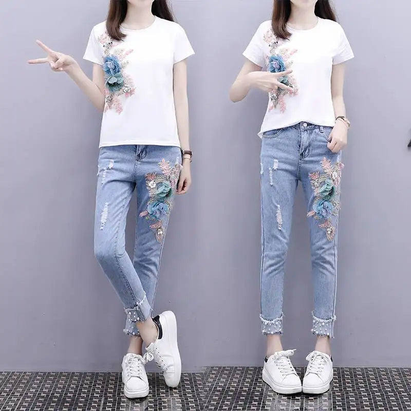 Floral Embroidered Women's Short Sleeve T-Shirt + Matching Denim Jeans 2-Piece Set to 3X Plus Size