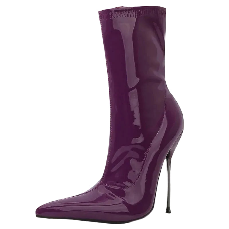 Patent Leather Solid Color Knee-High Pointed Toe Women's Ultra Thin Stiletto Metal Heel Wide Calf Boots