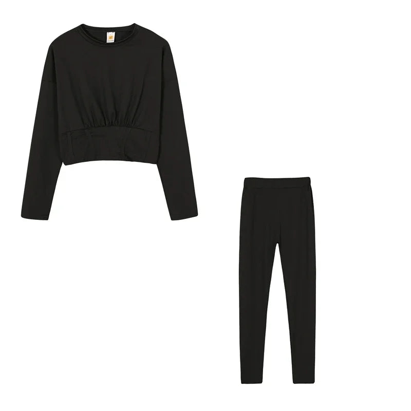 Ruched Fitted O-Neck Solid Color Women's Long Sleeve Crop Top + Leggings Tracksuit