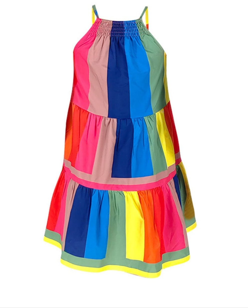 Rainbow Colorblock Grid Design Loose Fit Spaghetti Strap Mini Dress