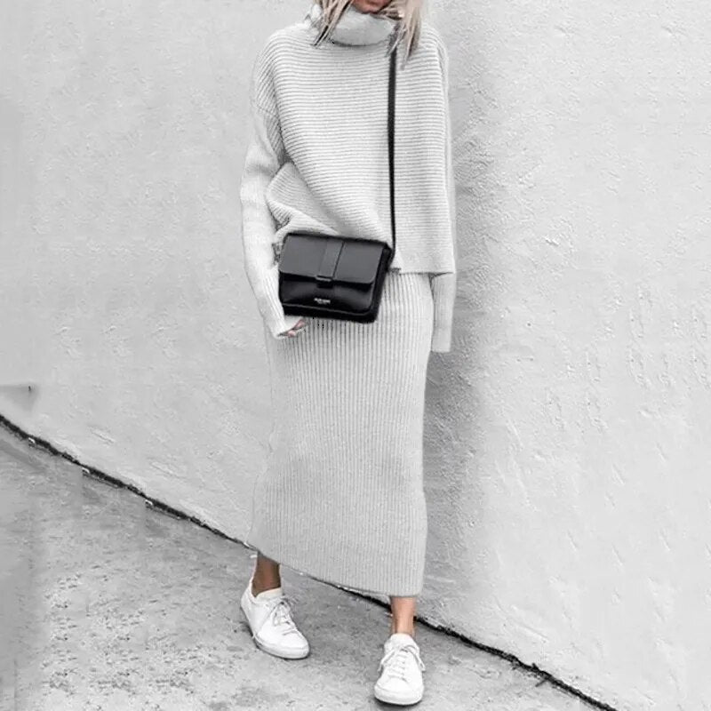 Solid Knitted High Neck Loose Sweater + Matching Knitted Maxi Skirt 2-Piece Set