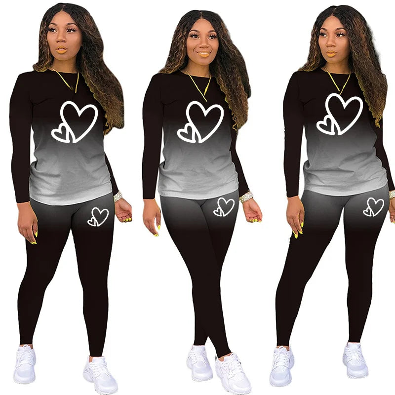 Gradient Colorblock Heart Print + Jogger Women's Sweatpants 2-Piece Set