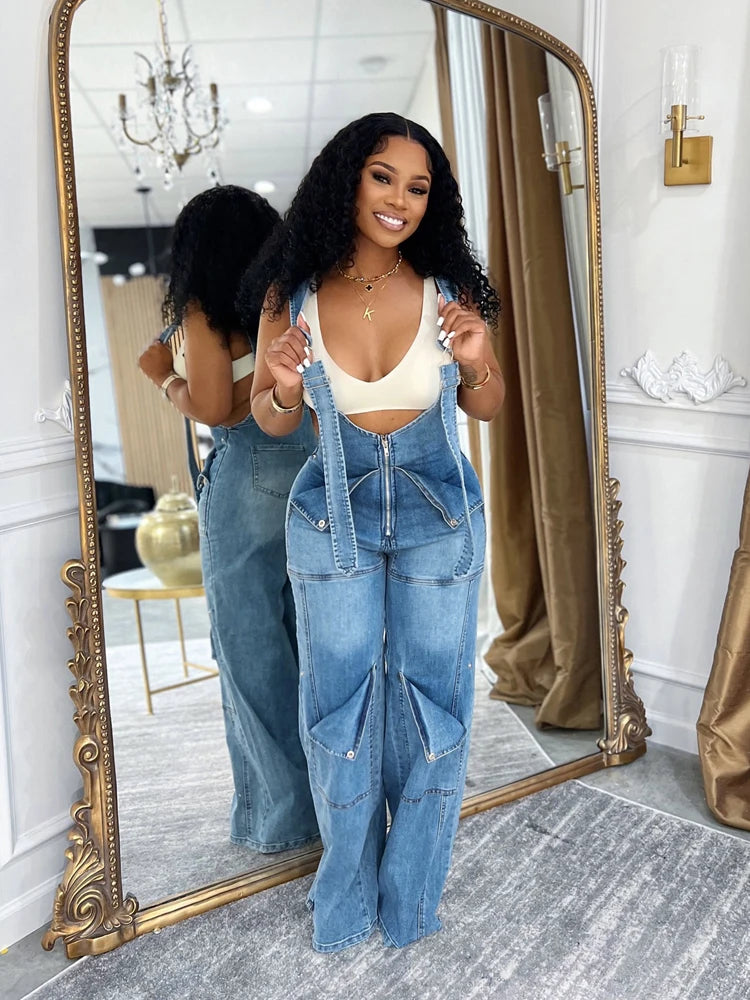 Denim Overall Design Women's Cargo Multi-Pocketed Wide Leg Jean Jumpsuit